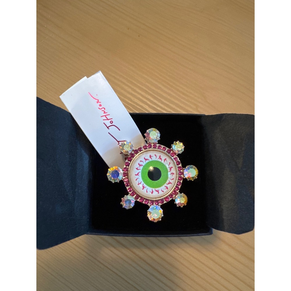 Betsey Johnson Evil Eye Stretch Ring Gold Tone AB Crystal Rhinestone Green Eye